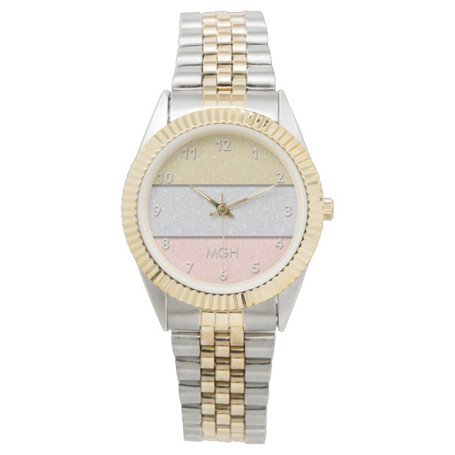 Benutzerdefiniertes Monogramm Faux Glitter Bling Armbanduhr (Vorderseite)