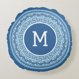 Benutzerdefiniertes Monogramm griechisches Muster Rundes Kissen