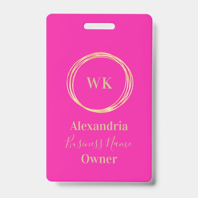 Benutzerdefiniertes Monogramm Hot Pink Gold Mitarb Ausweis (Vorderseite)