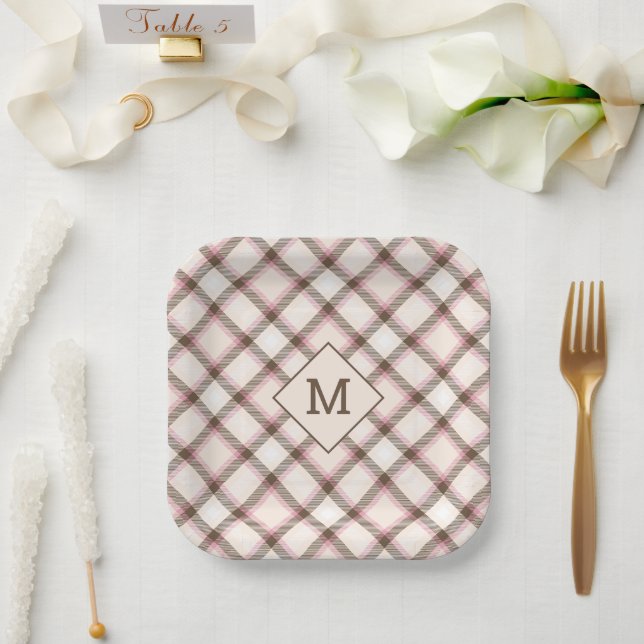 Benutzerdefiniertes Monogramm Kariert / Tartan Mus Pappteller (Hochzeit)