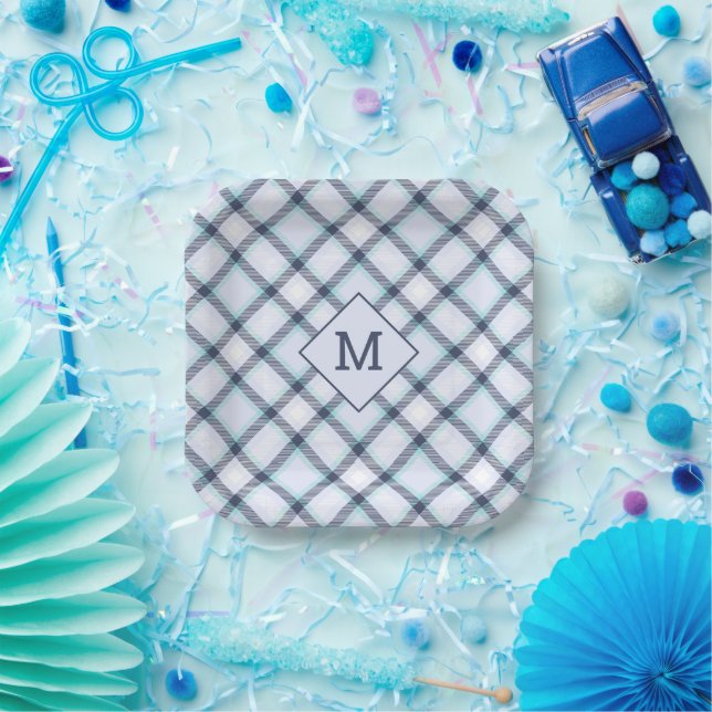 Benutzerdefiniertes Monogramm Kariert / Tartan Mus Pappteller (Party)