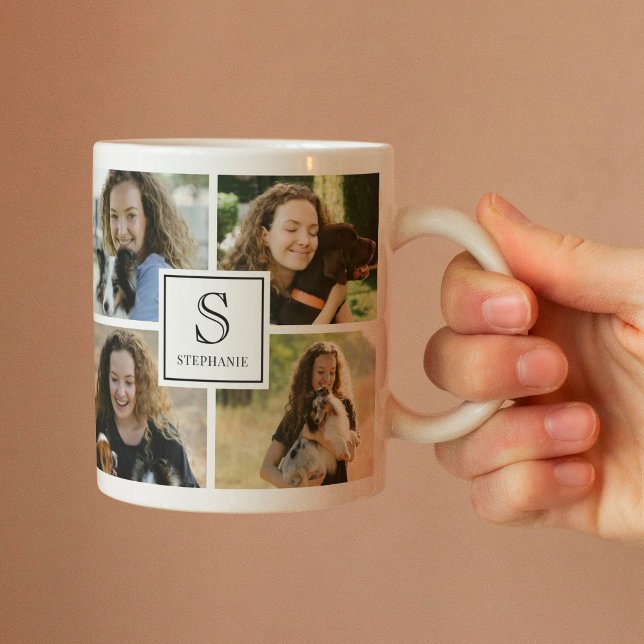 Benutzerdefiniertes Monogramm & Name 4 Foto-Collag Kaffeetasse (Von Creator hochgeladen)