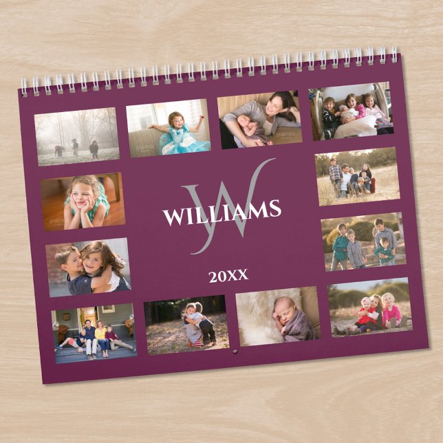 Benutzerdefiniertes Monogramm Name Magenta Lila Fo Kalender (Custom Monogram Name Magenta Purple Photo Calendar in situ)