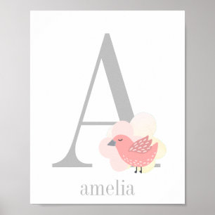 Benutzerdefiniertes Monogramm Name Pink Bird Girl Poster