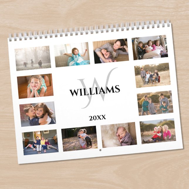 Benutzerdefiniertes Monogramm Name Weiß Foto Kalender (Custom Monogram Name White Photo Calendar in situ)
