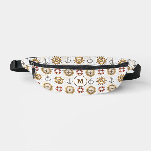 Benutzerdefiniertes Monogramm Nautisches Muster Bauchtasche (Vorderseite)
