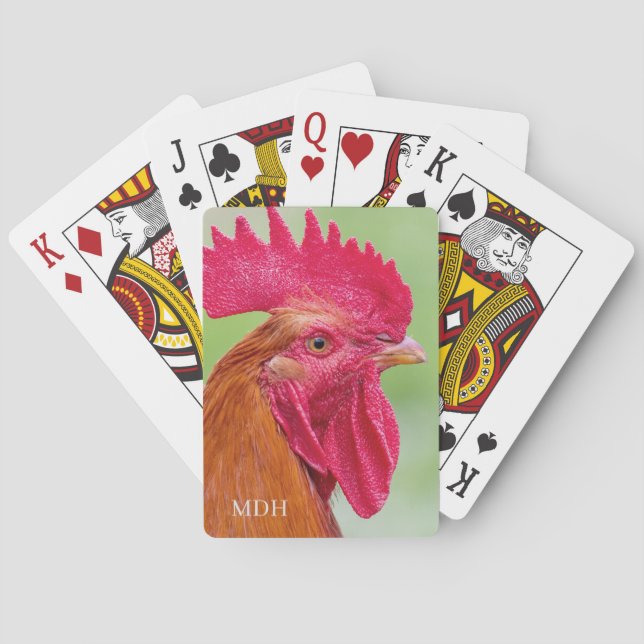 Benutzerdefiniertes Monogramm-Rooster-Nah-Up Spielkarten (Rückseite)