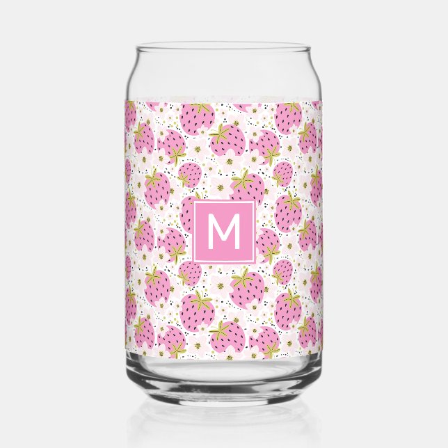 Benutzerdefiniertes Monogramm Rosa Erdbeeren Muste Dosenglas (Vorderseite)