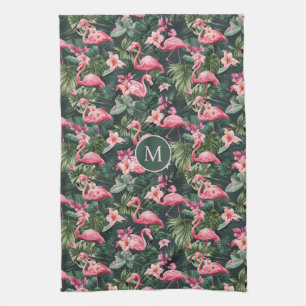 Benutzerdefiniertes Monogramm rosa Flamingos tropi Geschirrtuch