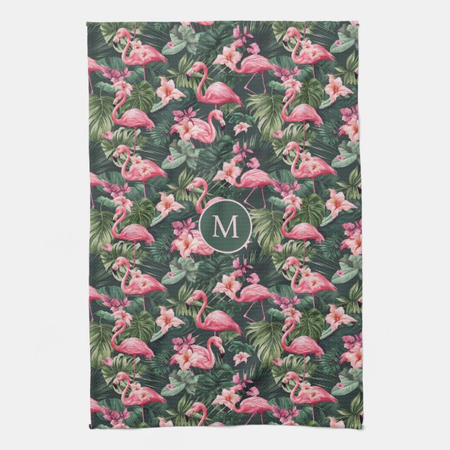 Benutzerdefiniertes Monogramm rosa Flamingos tropi Geschirrtuch (Vertikal)