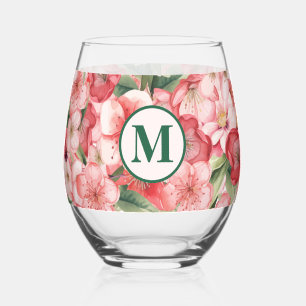 Benutzerdefiniertes Monogramm Rosa Floral Weinglas Ohne Stiel