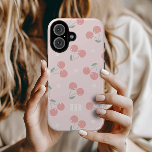 Benutzerdefiniertes Monogramm Rosa Retro-Kirschen iPhone 16 Hülle