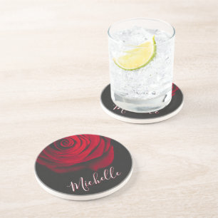 Benutzerdefiniertes Monogramm rote Rose Vintage-Fo Getränkeuntersetzer