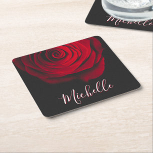 Benutzerdefiniertes Monogramm rote Rose Vintage-Fo Rechteckiger Pappuntersetzer