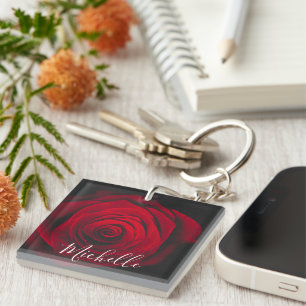 Benutzerdefiniertes Monogramm rote Rose Vintage-Fo Schlüsselanhänger