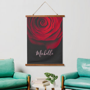 Benutzerdefiniertes Monogramm rote Rose Vintage-Fo Wandteppich Mit Holzrahmen