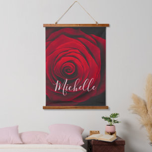Benutzerdefiniertes Monogramm rote Rose Vintage-Fo Wandteppich Mit Holzrahmen