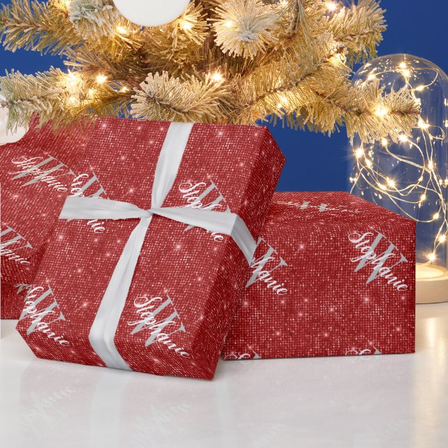 Benutzerdefiniertes Monogramm rotes Glitter-Schrif Geschenkpapier (Feiertage)