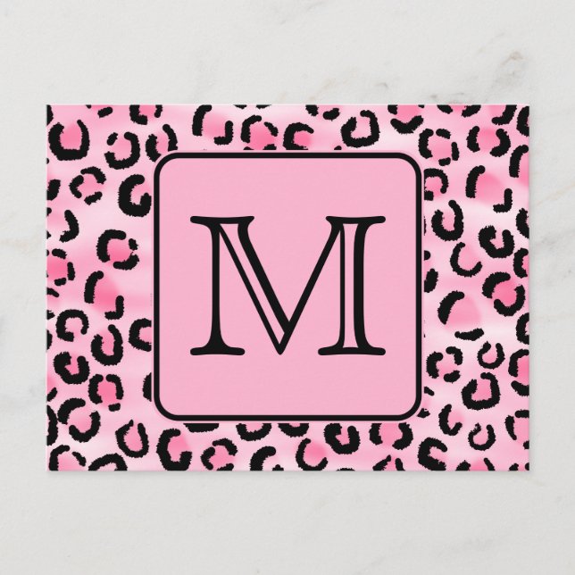 Benutzerdefiniertes Monogramm. Schwarz-Rosa-Leopar Postkarte (Vorderseite)