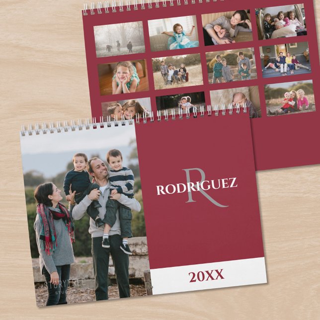 Benutzerdefiniertes Monogramm Spanisch Burgund Fot Kalender (Custom Monogram Spanish Burgundy Photo Calendar, front/back)