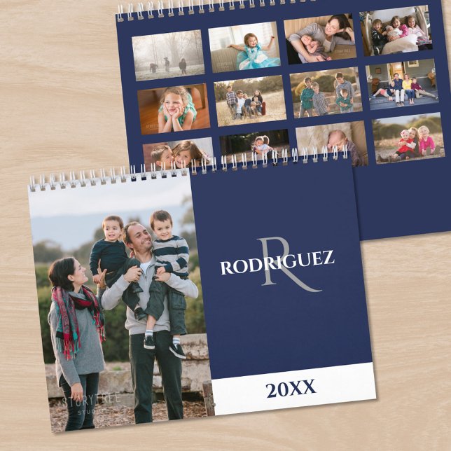 Benutzerdefiniertes Monogramm Spanisch Marineblau  Kalender (Custom Monogram Spanish Navy Blue Photo Calendar, front/back)