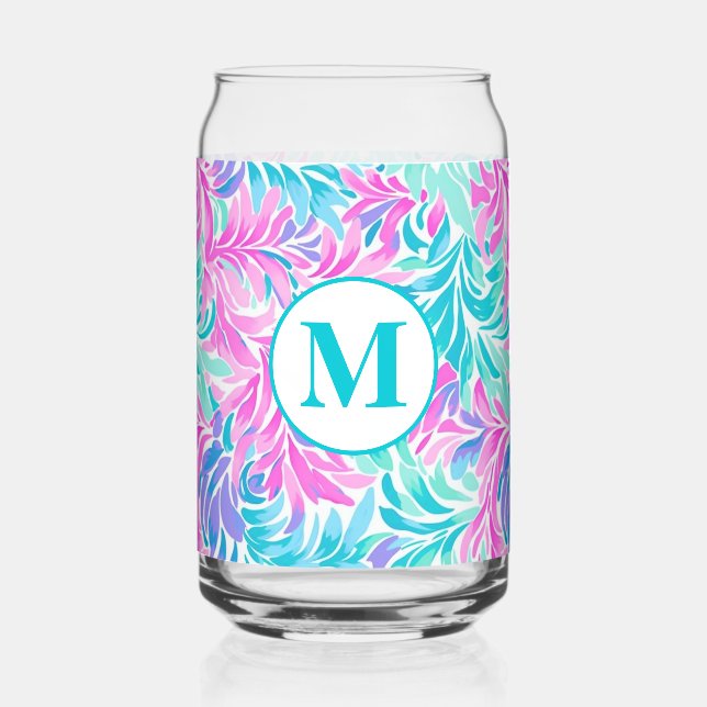 Benutzerdefiniertes Monogramm Teal Pink Floral Dosenglas (Vorderseite)