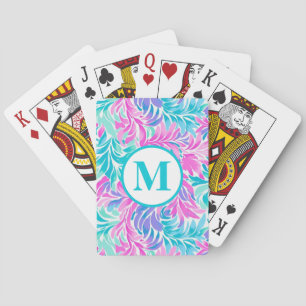 Benutzerdefiniertes Monogramm Teal Pink Floral  Spielkarten