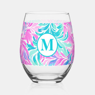 Benutzerdefiniertes Monogramm Teal Pink Floral Weinglas Ohne Stiel