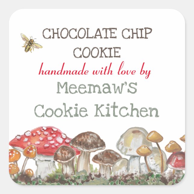 Benutzerdefiniertes Mushroom Natur Bee Painting De Quadratischer Aufkleber (Vorderseite)