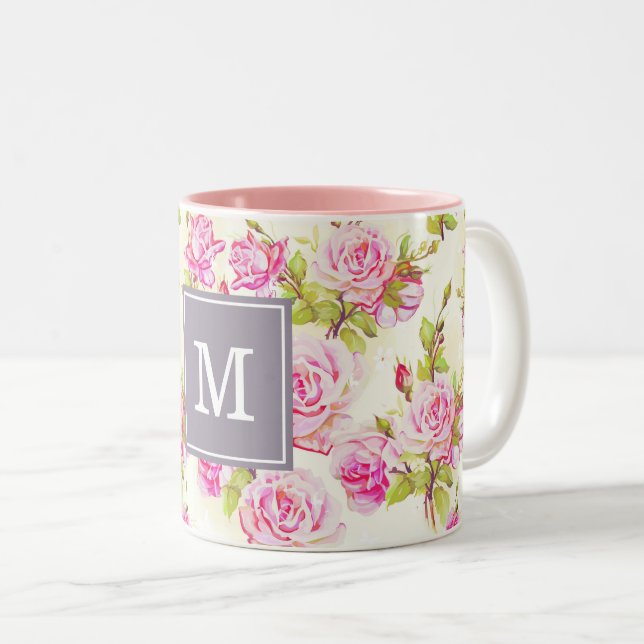 Benutzerdefiniertes Muster Alte Rose Monogramm Tas Zweifarbige Tasse (VorderseiteRechts)