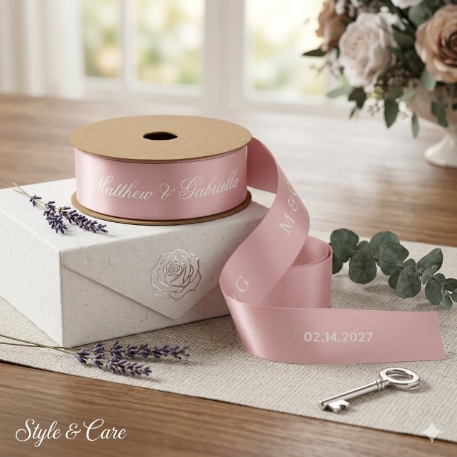 Benutzerdefiniertes Namensmonogramm und Datum Hoch Satinband (Custom Name Monogram And Date Wedding Blush Pink Satin Ribbon)