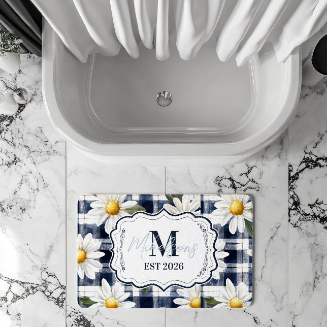 Benutzerdefiniertes Navy Gingham Daisy Monogramm Badematte (Von Creator hochgeladen)