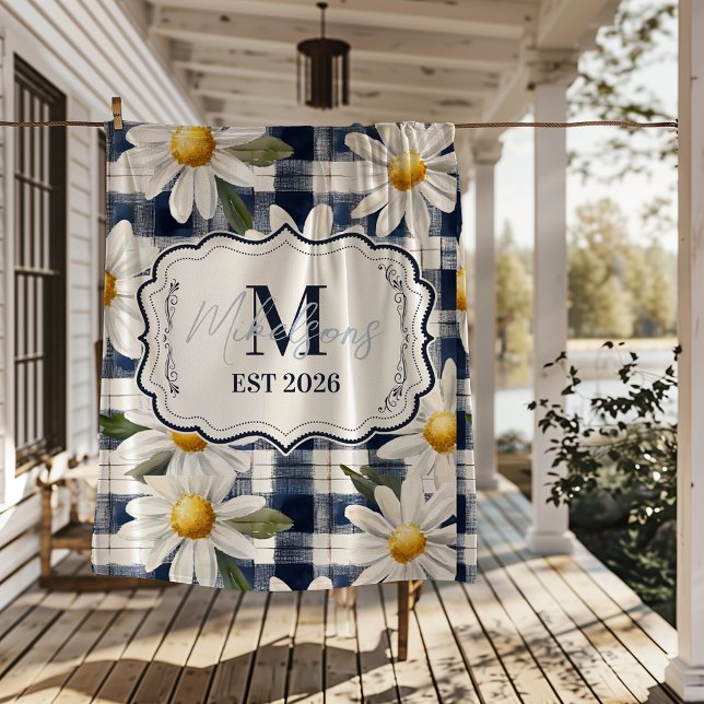 Benutzerdefiniertes Navy-Gingham-Daisy-Monogramm Fleecedecke (Von Creator hochgeladen)