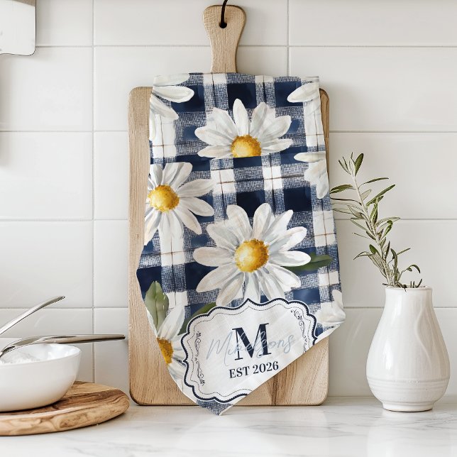Benutzerdefiniertes Navy-Gingham-Daisy-Monogramm Geschirrtuch (Von Creator hochgeladen)