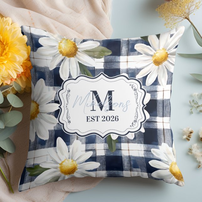 Benutzerdefiniertes Navy-Gingham-Daisy-Monogramm Kissen (Von Creator hochgeladen)