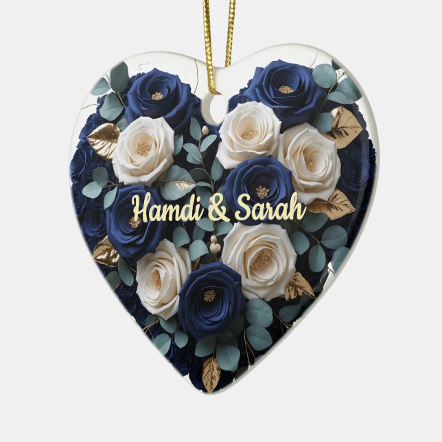 Benutzerdefiniertes Navy-Gold-Blumenmonogramm-Herz Keramik Ornament (Links)