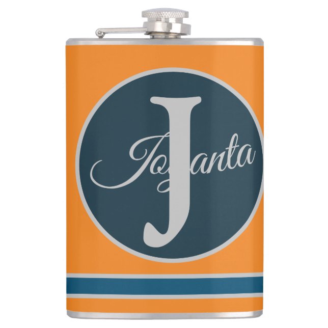 Benutzerdefiniertes orange grau blau Monogramm Ele Flachmann (Vorderseite)