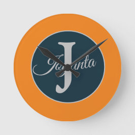 Benutzerdefiniertes orange grau blau Monogramm Ele Runde Wanduhr