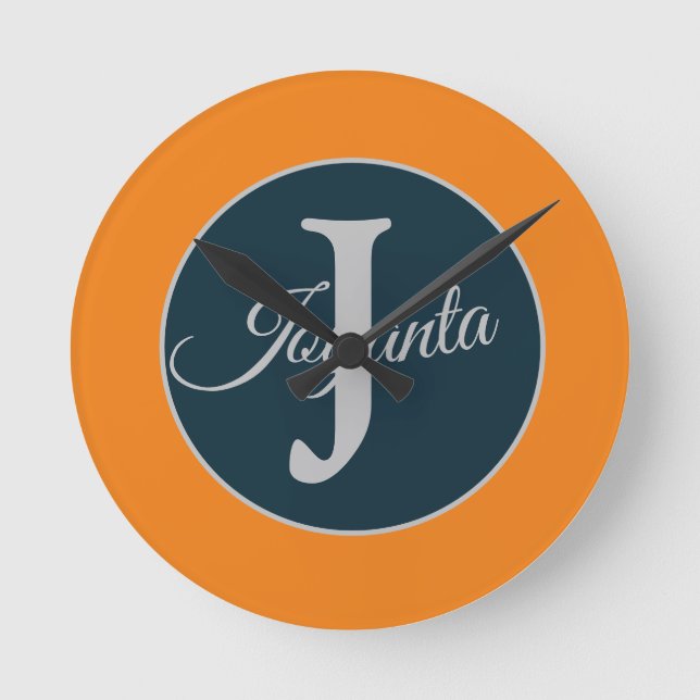 Benutzerdefiniertes orange grau blau Monogramm Ele Runde Wanduhr (Vorderseite)