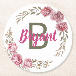 Benutzerdefiniertes Pink.Rose Monogram-Design Runder Pappuntersetzer