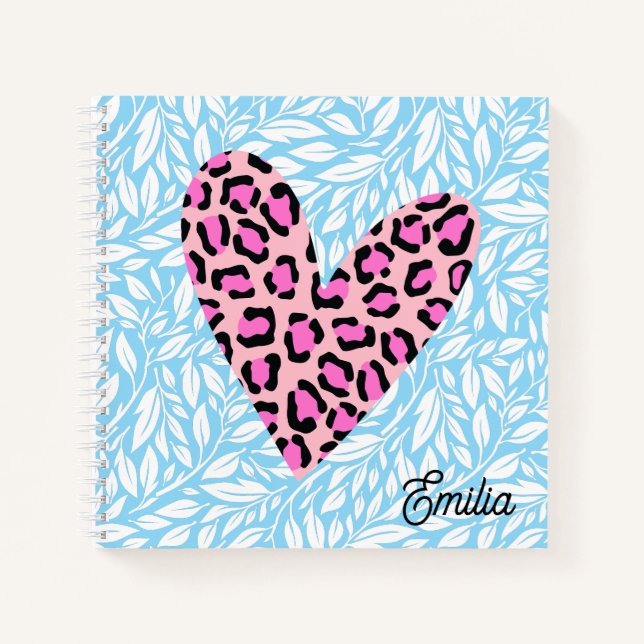 Benutzerdefiniertes Pinky Leopard Herz Blau Chic v Notizbuch (Vorderseite)