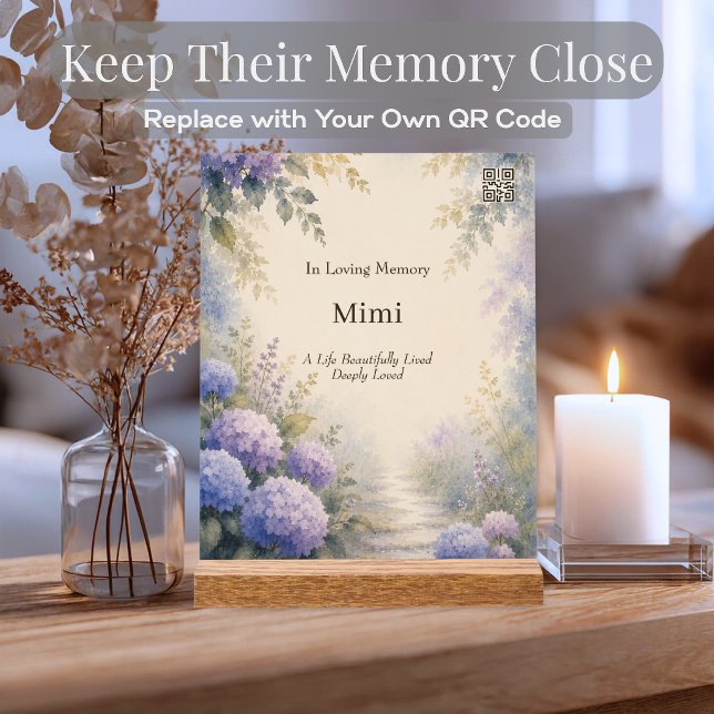 Benutzerdefiniertes QR-Code-Memorial mit Wasserfar Acrylschild (Custom QR code memorial acrylic sign with watercolor hydrangeas for sharing treasured memories.)