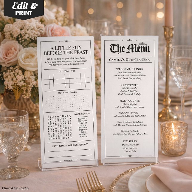 Benutzerdefiniertes Quinceañera-Menü, Schwarz-Weiß Menükarte (Custom Quinceañera Menu, Black White Interactive Menu)