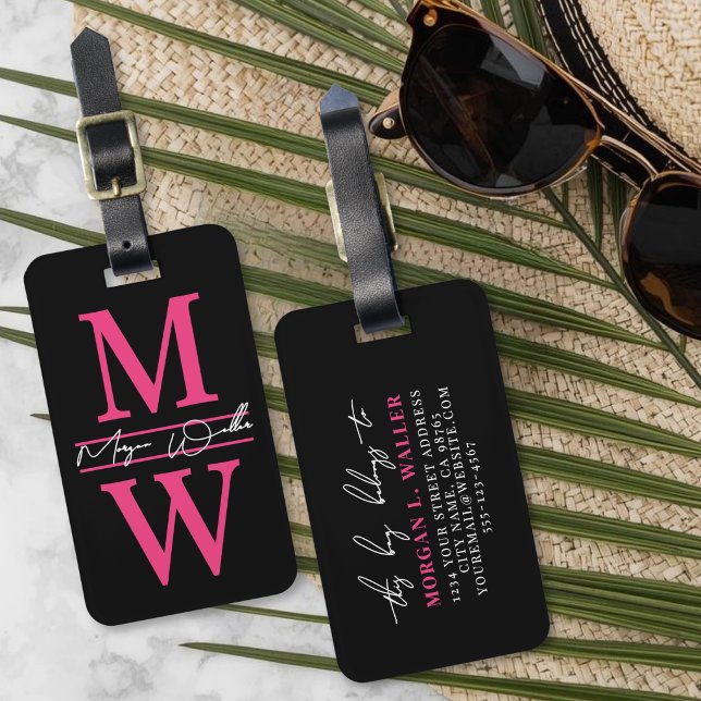 Benutzerdefiniertes Reisender Pink Initialen Monog Gepäckanhänger (Custom Traveler Pink Initial Name Monogram Luggage Tag)