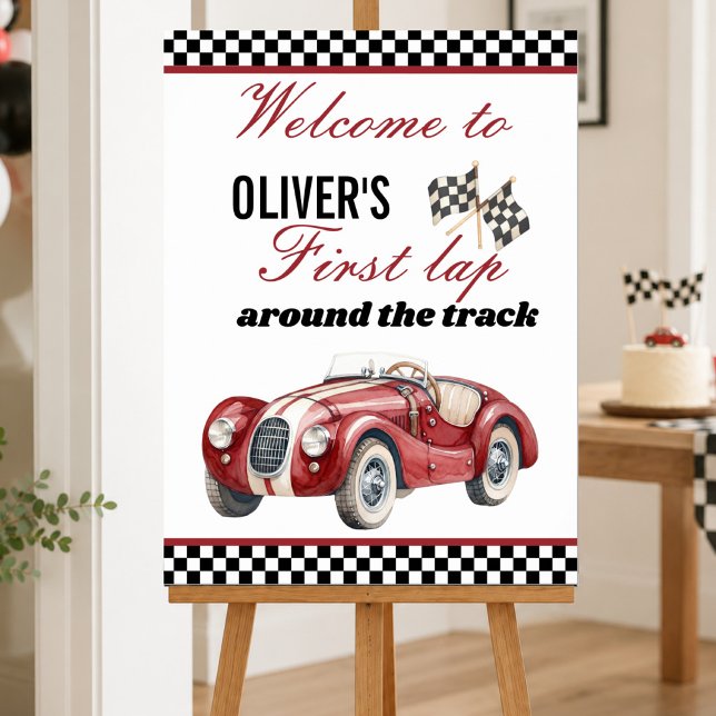 Benutzerdefiniertes Rennwagen 1. Geburtstags-Willk Poster (Custom Race Car 1st Birthday Welcome Red Vintage Poster)