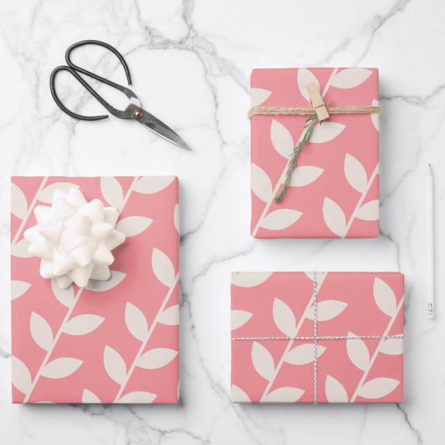 Benutzerdefiniertes rosa 70er Retro Leaf Muster Geschenkpapier Set (Vorderseite)