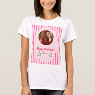 Benutzerdefiniertes rosa gestreiftes Weihnachtsfot T-Shirt