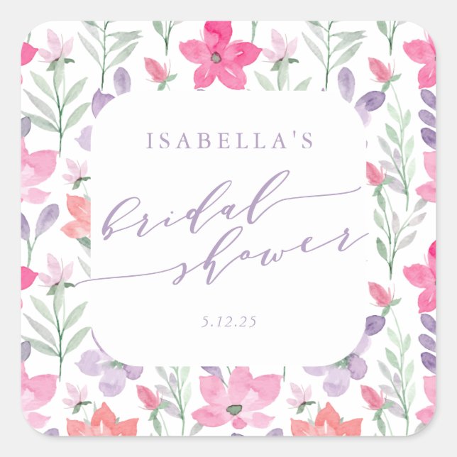 Benutzerdefiniertes rosa Lila Brautparty Quadratischer Aufkleber (Vorderseite)