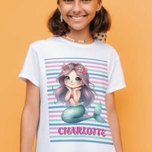 Benutzerdefiniertes rosa Meerjungfrau gestreiftes  T-Shirt