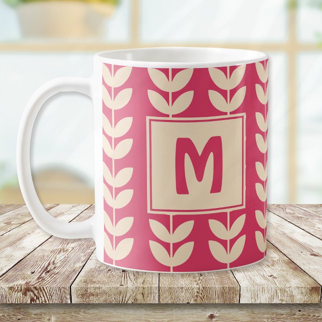 Benutzerdefiniertes rosa Retro Vibe Leaf Muster Mo Kaffeetasse (Von Creator hochgeladen)